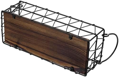 MyGift 2 Piece Wall Mounted Black Geometric Metal Nesting Storage Basket with Rustic Solid Burnt Wood Base, Small Tabletop Decorative Metal Wire Bins with Handles