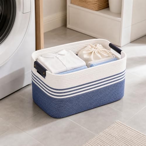 Cotton Rope Laundry Basket Large, 19.2GAL Collapsible Woven Storage Baskets for Living Room Kids Toys Stuffed Animal,Boho Rectangular Decorative Short Hamper for Dirty Clothes, Blankets Denim Blue