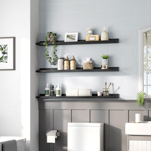 HOOBRO Floating Shelves, Wall Shelf Set of 3, 35.4 Inches Hanging Shelf with Raised Edge and Invisible Brackets, for Bathroom, Bedroom, Kitchen, Office, Living Room Decor, Black BK90BJ01