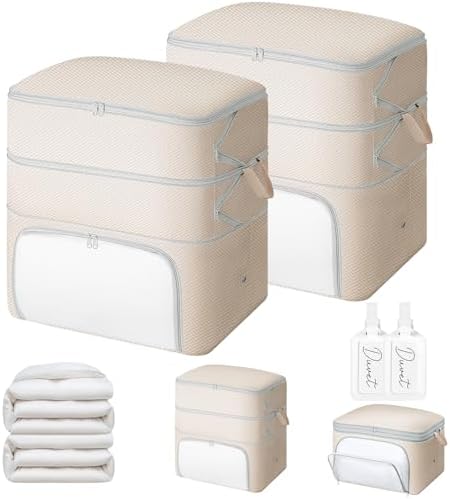 Comforter Storage Bag - 130L Blanket Storage Bags Front-opening Ultra Space Saving Self Compression Organizer, Washable Compression Bags for Storage Comforter Blanket, 2 Pack, Beige