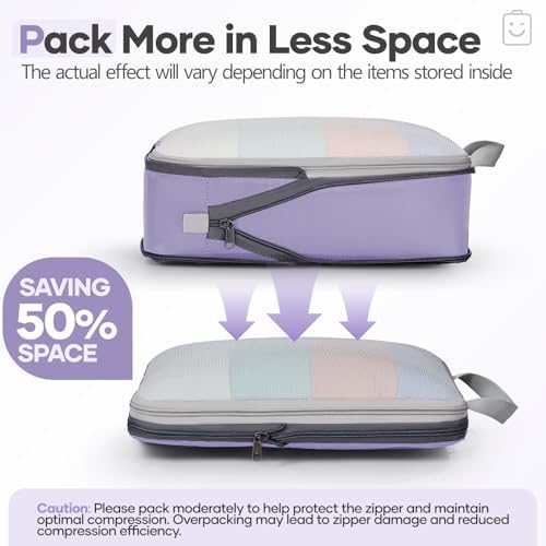Veken 11 Set Compression Packing Cubes Garment Bags for Travel Essentials,Compressible Expandable Luggage Organizer Bags for Clothing,Space Saver Bags with Over 1000 pcs of Mesh Holes(Purple Gray)