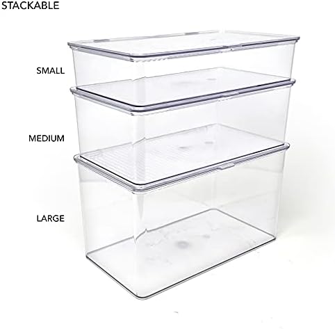 Isaac Jacobs Small Stackable Organizer Bin (10.75” x 6.5” x 2.4”) w Hinged Lid Clear Storage Box Home Office School Fridge Bathroom Kitchen Pantry Container BPAFree Food Safe (Small Clear) (Pack of 2)