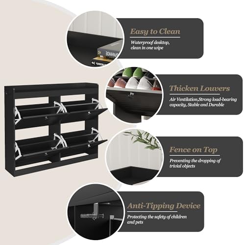 GarveeHome Large Shoe Cabinet with 4 Flip Drawers, Wooden Shoe Cabinet Storage with Adjustable Shelf for Entryway, Freestanding Hidden Shoe Organizer for Hallway, Bedroom, Living Room, Black