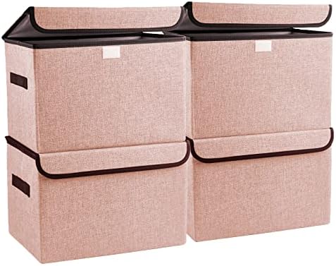 Bagnizer Linen Fabric Foldable Storage Cube Bin Organizer Basket with Flip-Top Lid & Handles, Large Clothes Blanket Box for Home, Office, Closet, Pink, 4 Pack 14.6 x 9.5 x 9.5”