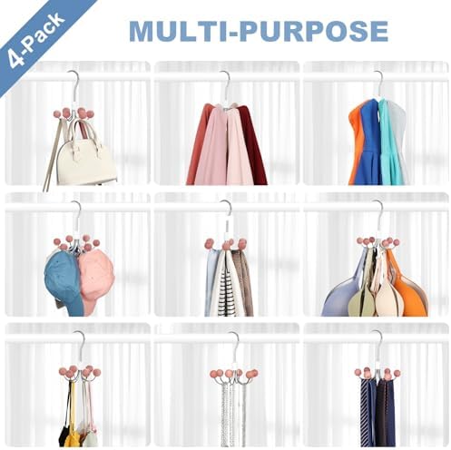 TOPIA HANGER Hoodie Hangers 4-Pack with 6 Cedar Balls, 360°Swivel Purse Hanger, Scarf Hanger, Closet Hooks, Handbag Organizer, Bra Hanger, Accessory Organizers for Scarf, Tanktop, Hat, Hoodie CT57C