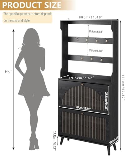 67.3'' Tall Shoe Cabinet with Coat Rack, Narrow Shoe Storage Cabinet with 2 Flip Drawers, 2-in-1 Hall Tree Slim Freestanding Shoe Rack Organizer for Entryway (Black, 2 Drawers- 67.32''H)