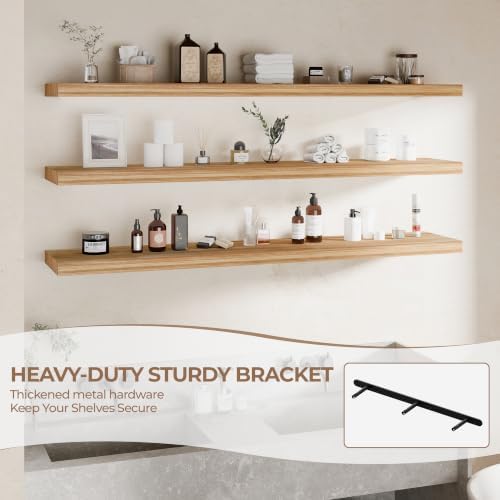 60 Inch Long Floating Shelves for Wall Set of 3, Solid Wood Brown Floating Shelves 10in Depth, 5ft Large Wall Shelf Floating Bookshelf for Kitchen Living Room Laundry Room