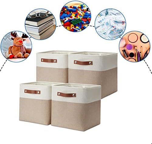DULLEMELO 11 inch Cube Storage Bins, Large Collapsible Grey Storage Baskets for Square Cubes Organizing, Fabric Boxes Bins for Shelves Nursery Home Office Storage(4 Pack - 11" White&Khaki)