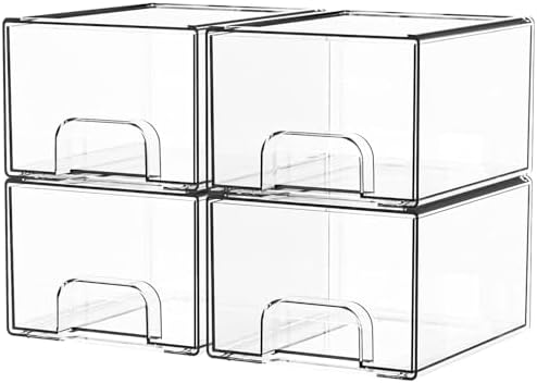 Yieach 4 Pack Clear Stackable Storage Drawers,4.4'' Tall Acrylic Drawer Containers for Organizing,Bathroom Organizers and Storage Bin Box,Plastic Makeup,Medicine Organizer Bins for Cabinet,Undersink