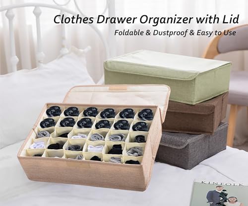 AARAINBOW 2 Packs Underwear Socks Ties Storage Organizer with Lids Foldable Closet Drawer Organizer 60 Cells, Fabric Drawer Wardrobe Divider Storage Boxes for Scarves and Lingerie (30 Cell, 2 Beige)