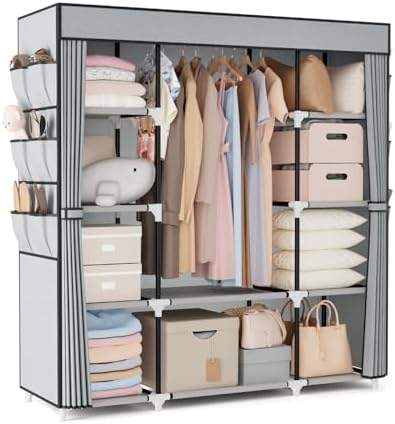 VTRIN Portable Closet Wardrobe for Hanging Clothes 57.3 Inch Large Capacity Clothes Rack with Cover, 10 Storage Organizer Shelves, 1 Hanging Rods and 6 Pockets, Free Standing Closet for Bedroom, Grey