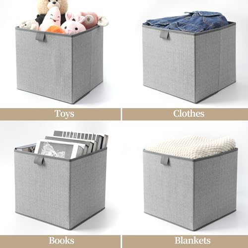 Storage Baskets, 11.8-Inch Woven Fabric Bins, Storage Cubes with Reinforced Handles, Organizer Bins for Closet Shelves, Foldable, for Toys, Clothes (3PCS/Grey-11.8*11.8*11.8inch)