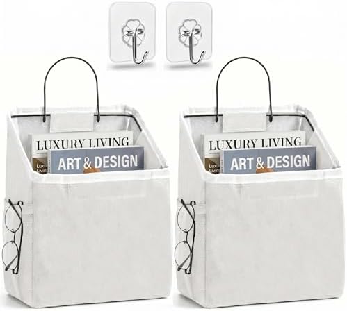 Wall Hanging Organizer Bag, 2-Pack Linen Storage Baskets, Wall Hanging Storage Basket for Bedroom, Kitchen, Office, RV Camper (White-2ps)