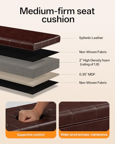 ABHENG Synthetic Leather Metal Frame Storage Ottoman Bench end of Bed Bench with Legs 43.5”W x 15.7”D x 15.7”H Hold up to 770 LB Large Storage Chest Brown UASND624R