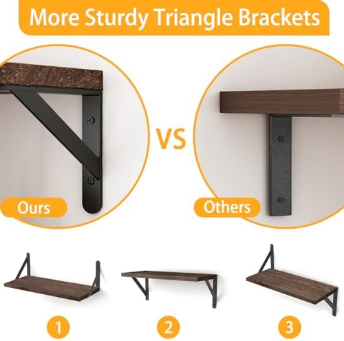 YGEOMER 4 Different Sizes Floating Shelves for Wall Decor, Dark Carbonized | Rustic wood shelves in mixed sizes for flexible combined storage. Fits bathroom, kitchen, living room, bedroom and office.