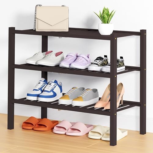 Smiry Bamboo Shoe Rack, 14 Vertical Slats, 3 Tier - 26.8" Wide, Brown
