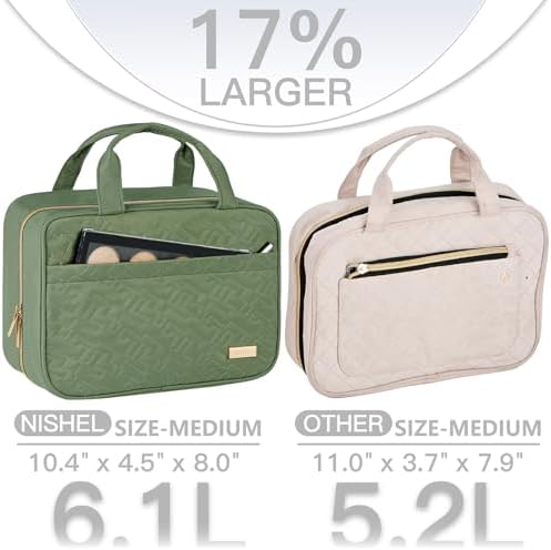 NISHEL Travel Toiletry Bag for women, Portable Hanging makeup Organizer | for Travel-Sized Shampoo, Conditioner, Brushes Set, makeup Accessories, Medium Size, Bronze Green