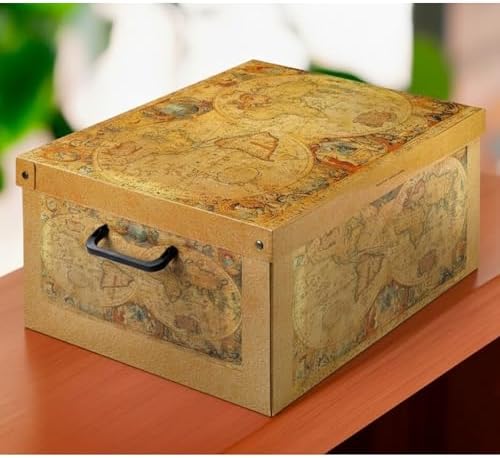 Lavatelli: Storage Box: Medium - Map - Lid & Side Handles, Decorative Cardboard Organizer, Stacks-Folds, Home-Clothes-Toys-Office, 16.5 x 12.6 x 8.3