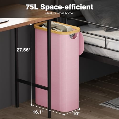 Bathola Slim Laundry Hamper with Lid, 75L Small Laundry Basket, Pink