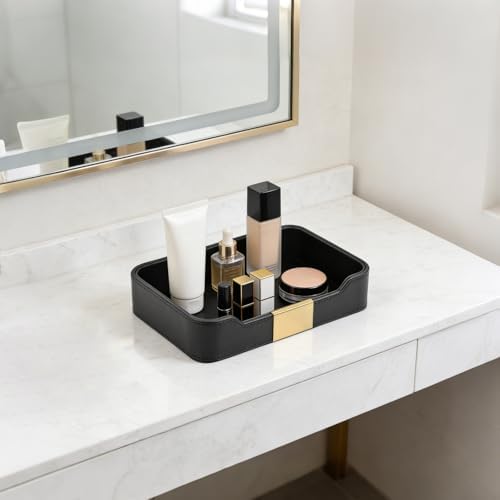 Luxury Leather Valet Tray Desktop Storage Organizer,Bedside Vanity Catchall Tray Nightstand Caddy Holder for Cosmetic,Jewelry,Watch,Keys,Phone,Wallet,Remote Controller,Pen,Black