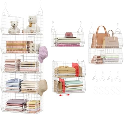 5 Tier Extra Large Closet Hanging Shelves with Divider,2 Pair Hook,16.5"L x 11.8"W x 51.4"H Closets Organizers and Storage,Clothes Organizer Clothing Sweaters Shoes Handbags Clutches Accessories-White