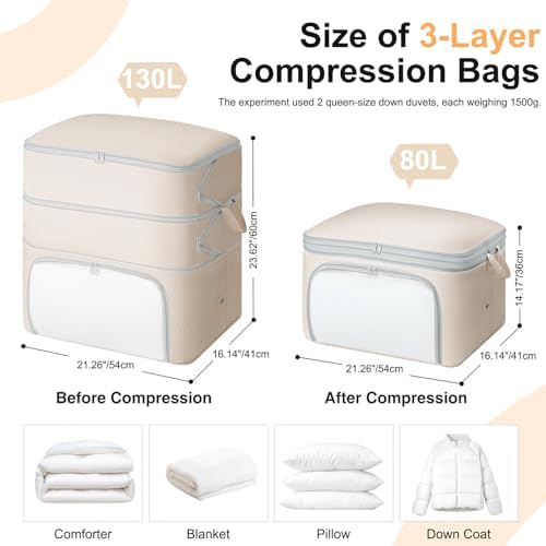 Comforter Storage Bag - 130L Blanket Storage Bags Front-opening Ultra Space Saving Self Compression Organizer, Washable Compression Bags for Storage Comforter Blanket, 2 Pack, Beige