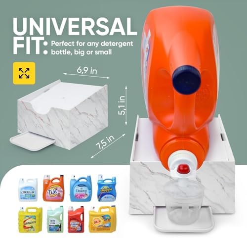 Skywin TidyFriend No-Spill Liquid Laundry Detergent Dispenser Holder, Laundry Soap Dispenser Holder with Drip Tray for Laundry Room Organization (White Marble)