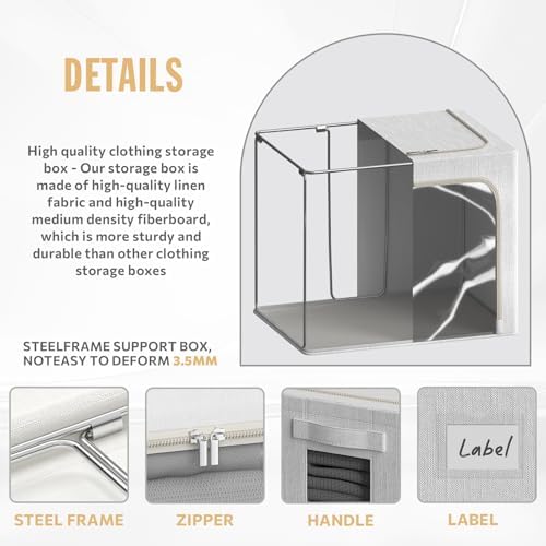 FHSQX 2 Pack Clear Window Storage Bins Large Stackable Linen Fabric Storage for Clothes Foldable Container Organizer Set with Carrying Handles (Lvory White, 23.6x 16.5x 15.7 Inch)