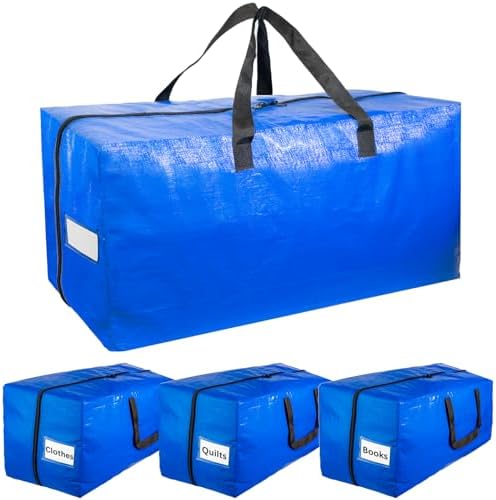 Extra Large Moving Bags, Dinruiag 4 Pack Heavy Duty Storage Bags with Strong Zipper, Blue Packing Bags for Dorm Room Esseentials and Closet Organizers