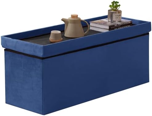 BRIAN & DANY 43 Inches Folding Storage Ottoman Bench, Velvet Ottoman with Storage for Living Room, Bedroom, Entryway, Ottoman Foot Rest, End of Bed Bench (Blue)