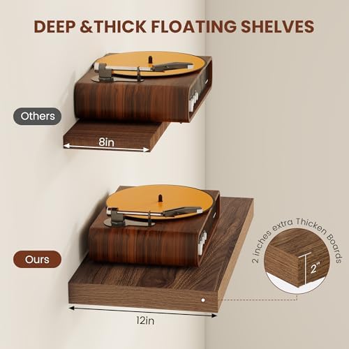 Vivelove Deep Floating Shelves 36x12” Set of 2, Walnut | Easy Install With Hardware, 2" Thick, Invisible Brackets, Wall Mounted, No Sagging, For Any Room