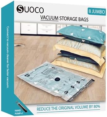 Vacuum Storage Bags, Compression Packing Space Saver Seal Bags for Clothing Bedding Comforters Blankets Pillows, 8 Jumbo