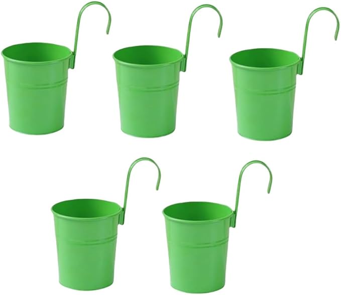 XZJMY 5 Pcs Hanging Flower Pots Metal Iron Bucket Planter Pot Metal Bucket Flower Holder with Hook Indoor Outdoor Decor for Railing Fence Balcony Garden (Dark Green)