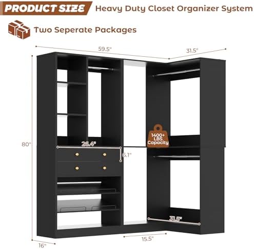 Besiost Closet System with 2 Drawers, 3 Hanging Rods, 59.5" * 31.5" Closet Organizer System with Corner Tower, Reversible L Shaped Walk-in Closet System, Corner Closet System Set of 2, Black