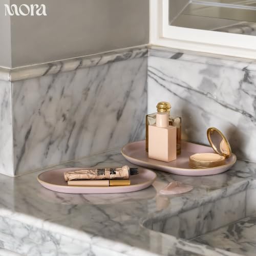 Mora Ceramic Decorative Tray - 9.4in Dish for Jewelry, Perfume, Makeup, Accessories, Candle, in the Bathroom Vanity, Bedside, or Kitchen Counter. Cute Organizers - Dawn