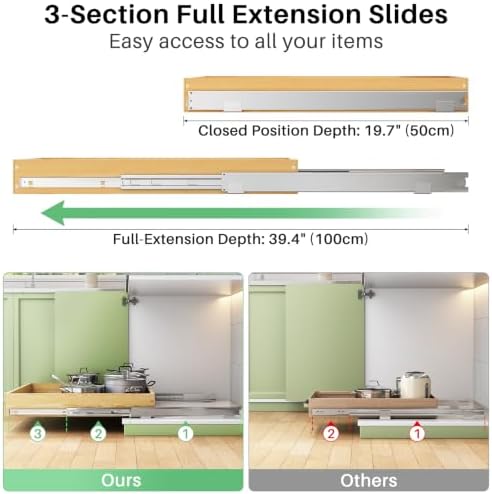 Pull Out Cabinet Organizer, Soft Close Wooden Slide Out Drawers for Pots and Pans, Full-extension Roll Out Shelves for Kitchen Cabinets, Pantry Organization, Bottom & Side Mount(12"W X 21"D x 3.4''H)