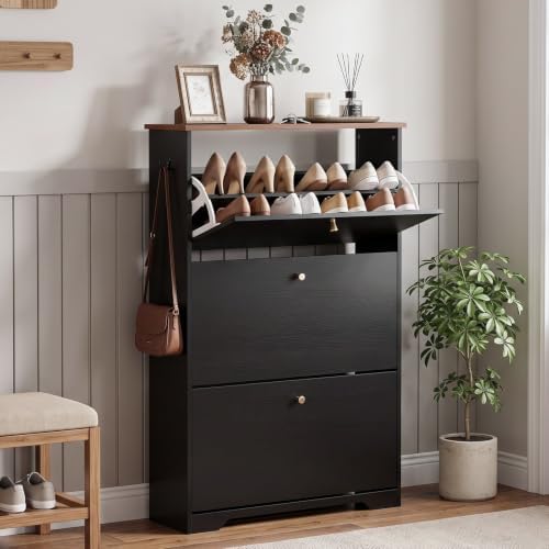 Nicetree Shoe Cabinet, 3 Flip Drawers Slim Black Walnut Top Entry Storage