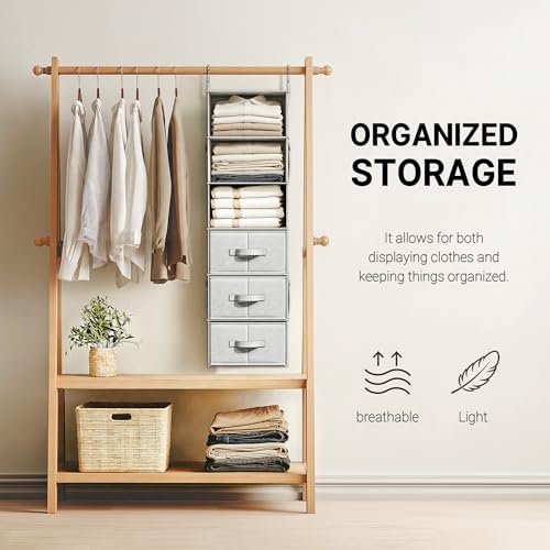 6-Shelf Hanging Closet Organizer with 3 Fabric Drawers, Silver Gray