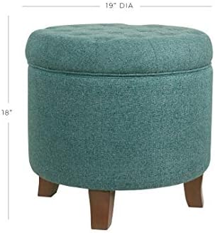 HomePop by Kinfine Fabric Upholstered Round Storage Ottoman - Button Tufted Ottoman with Removable Lid, Teal Woven