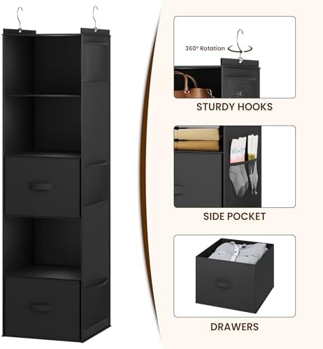 YOUDENOVA Hanging Closet Organizer, Hanging Shelves with Drawers, Black