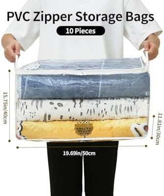 10 PCS Clear Zippered Storage Bags with Handle, Sweater Storage with Zipper, Foldable Closet Organizer Bed Sheet Organizer, Cube Plastic Organizer, Bag, Bin for Clothes,Towel-20 * 16 * 12