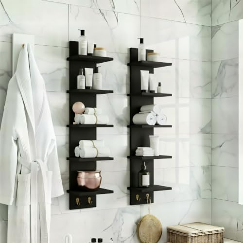 Sorbus 5-Tier Floating Wall Shelf with Hooks, 31 Inch (2 Pack, Black) | Vertical five-level utility organization for kitchens, bedrooms and bathrooms; holds towels and mounted essentials.