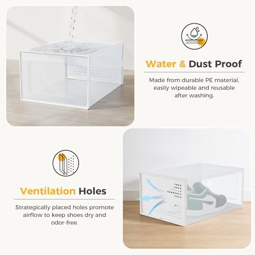 NEWBULIG 15 Pack Clear Shoe Storage Boxes, XXL-Stackable Sneaker Storage Case with Lids, Shoe Display Containers Organizer for Closet, Under Bed, Entryway, White
