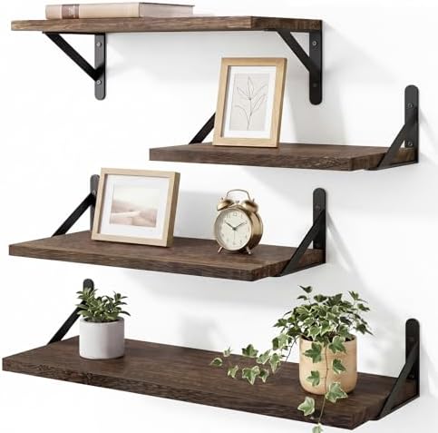 YGEOMER 4 Different Sizes Floating Shelves for Wall Decor, Dark Carbonized | Rustic wood shelves in mixed sizes for flexible combined storage. Fits bathroom, kitchen, living room, bedroom and office.