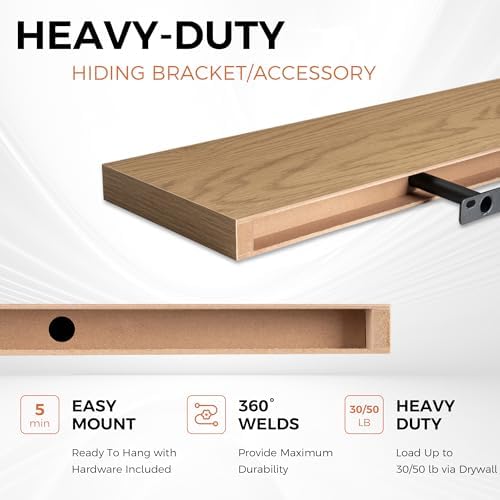 Fun Memories Floating Shelves for Wall, 30" Rustic Wood Deep Wall Mounted Shelves with Invisible Brackets for Decor & Storage, Floating Shelf for Living Room, Bathroom (Oak, Set of 2)