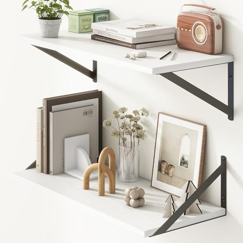 Deep White Floating Shelves for Wall, 24"W x 10"D Wall Shelves Set of 2, 10 Inch Deep Floating Shelf with Brackets, Wide Display & Storage Shelves for Books, Living Room, Kitchen, Bathroom