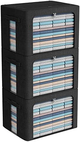 CYhom 3Pack Foldable Storage Bins - Frame Storage Box Linen Fabric Stackable Clothes Container Organizer with Clear Window & Carry Handles Large Capacity (Extra Large-100L, Black)