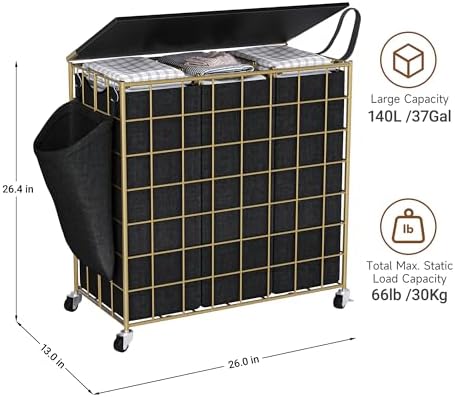 Laundry Basket with Wheels, Heavy Duty Laundry Sorter 3 Sections, 140L (37Gal.) Large Capacity Hamper with Wood Lid, 360 Rolling Wheels, Extra Side Pocket, Leather Pull Handle,Golden+Black