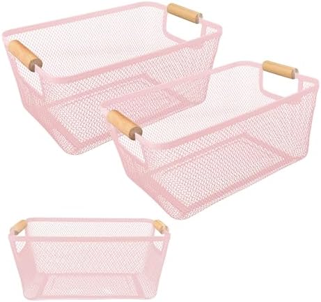 PTSGCAI 2Pack Metal Mesh Steel Basket with Bamboo Handle - Wire Metal Basket for Kitchen Organization, 12" Wide Food Organizer Bin, Perfect for Organizing Bulk Pantry (PINK)