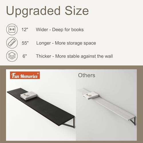 Fun Memories Deep Floating Shelves, 55W x 12D Floating Shelves for Wall, Wood Black Floating Shelf with Bracket, Wide Display & Storage Wall Shelves for Living Room, Bedroom,